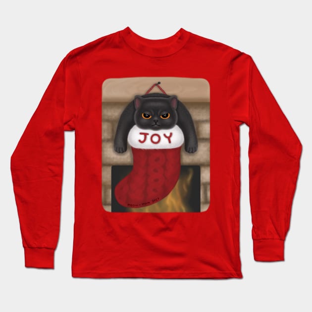 Grumpy Black Cat in Joy Christmas Stocking Long Sleeve T-Shirt by meow-mom